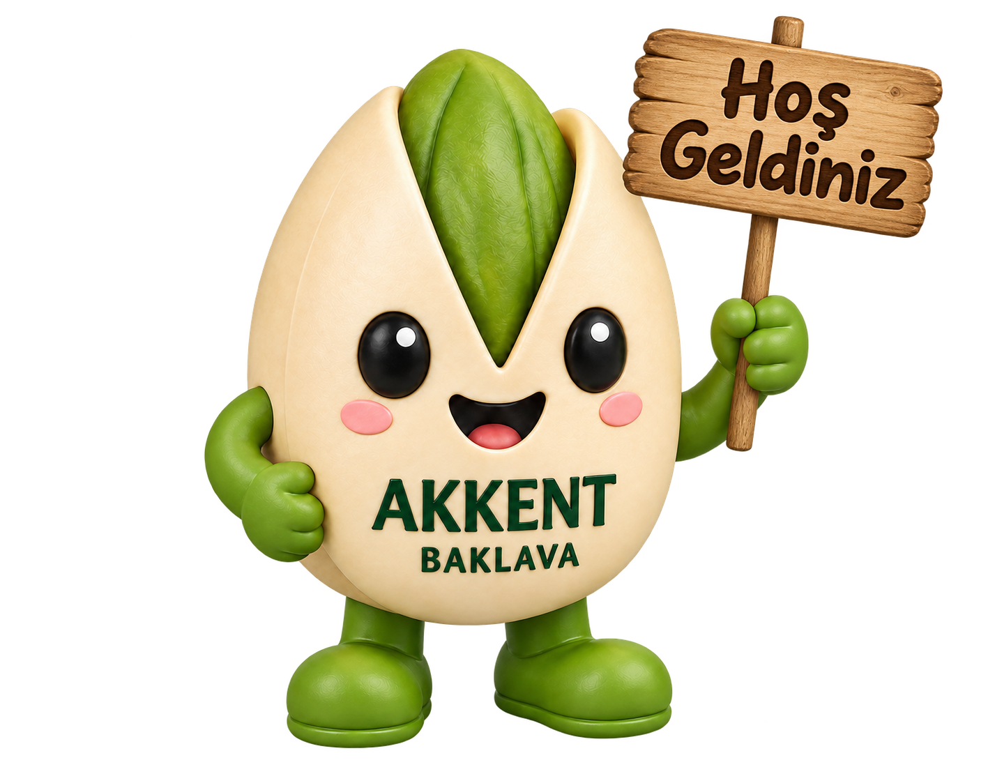 Ahşap Hoş Geldiniz tabelası tutan Akkent Baklava Fıstık Adam